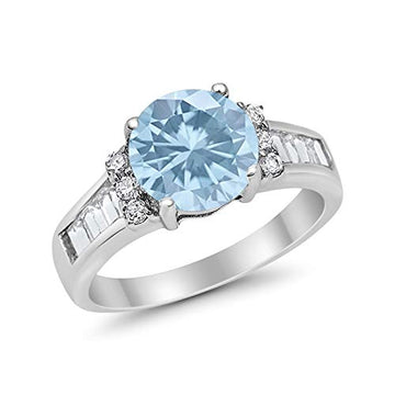 Engagement Baguette Stone Ring Simulated Aquamarine CZ 925 Sterling Silver